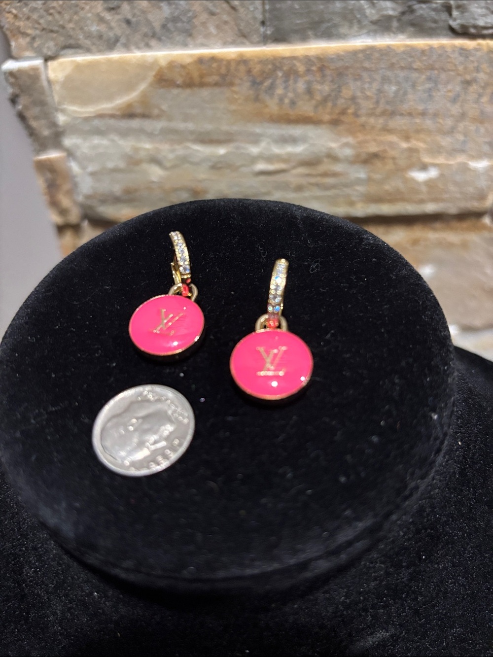 LV Hot Pink Enamel Drop Earrings with Gold Accents - Picture 4 of 4